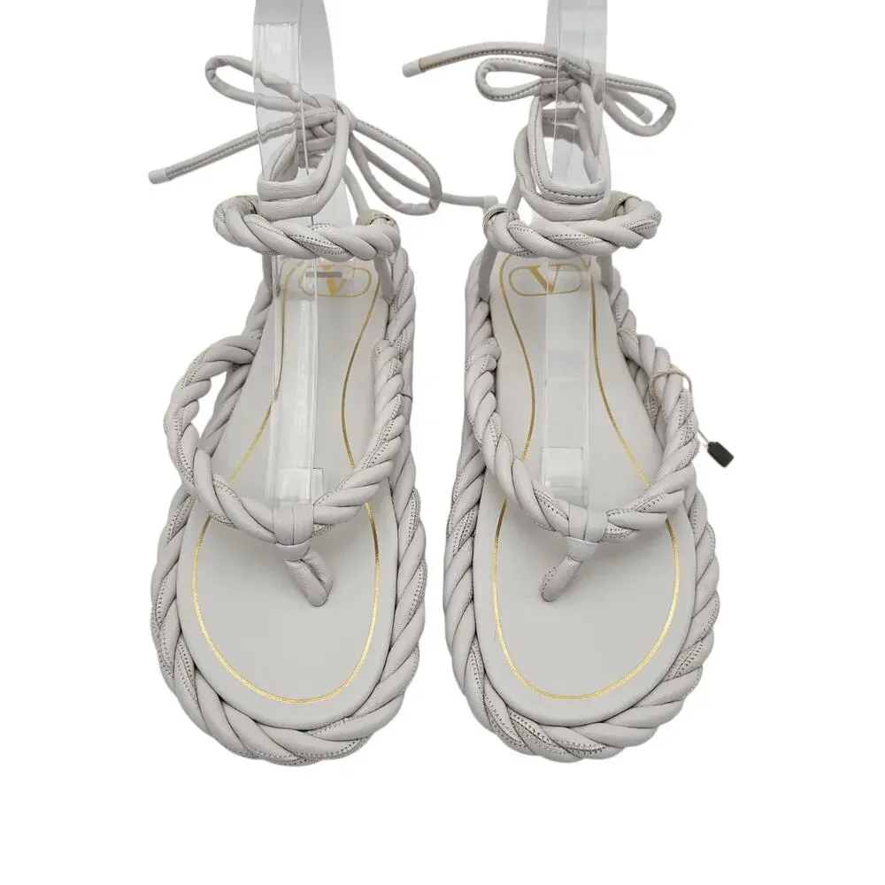 Valentino Garavani White Braided Leather Gladiator Flat Tie Sandal Size 36 US 6